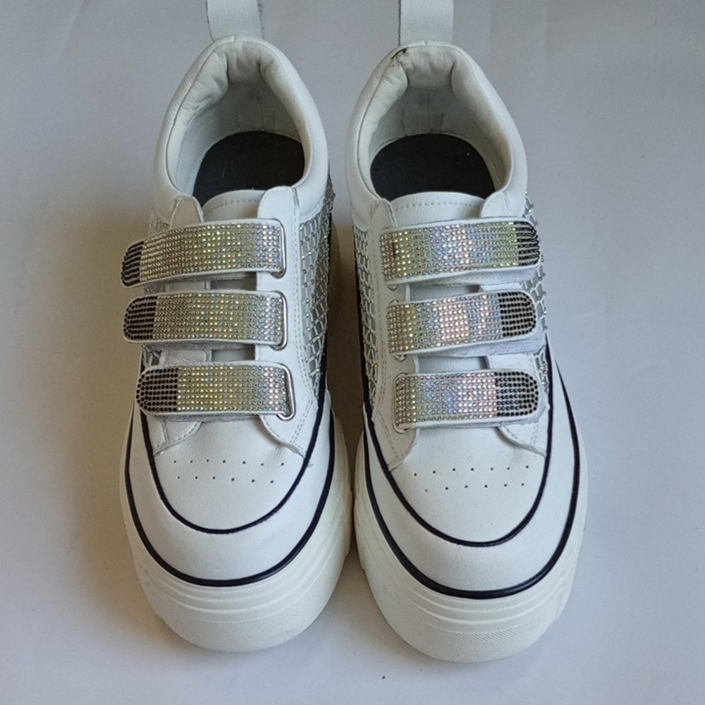 White Sneakers with Silver Accents, Size 7.5